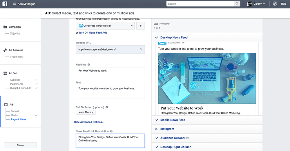 create ad copy on facebook