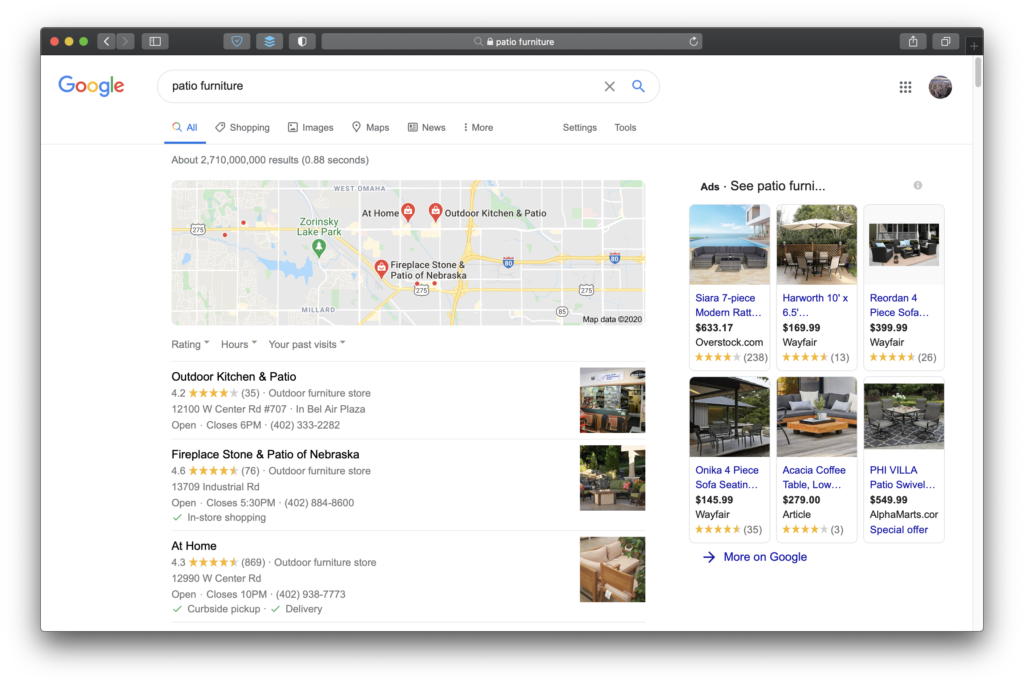 screen shot of google map pack listing from the search query Patio Furniture